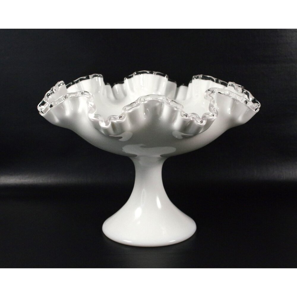 Vintage Fenton Silver Crest Double Ruffled Pedestal Compote Bowl, 8" x 11" Fruit